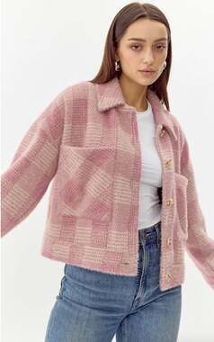 Greylin Nate Cozy Pink Plaid Cropped Fuzzy Jacket SMALL